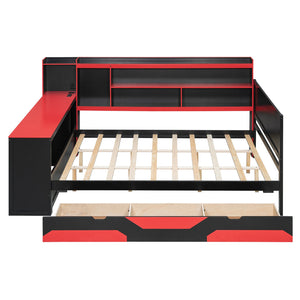 English Elm Queen Gaming Bed Frame with Desk Led Lighting Storage Drawers and Bookcase Headboard Black+Red LP000290AAJ