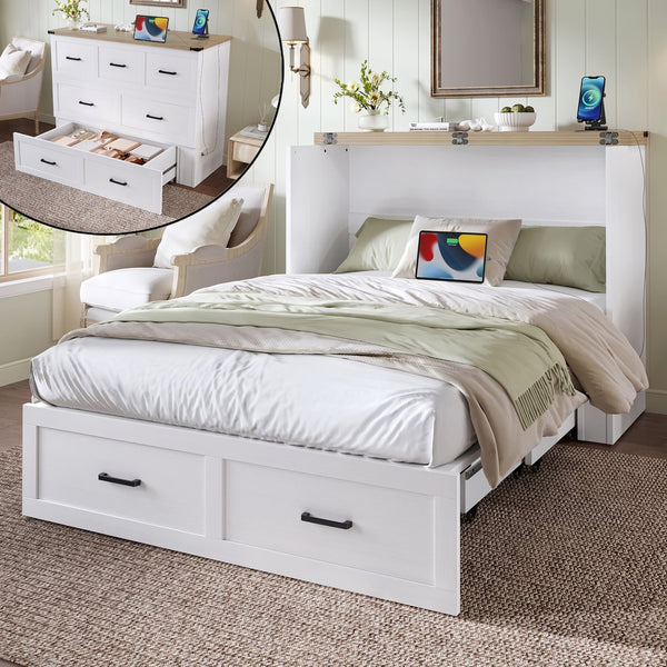 English Elm Murphy Full-Size Cabinet Bed with Built-In Charging Station, Storage Drawer & 700lb Capacity Comfort White 52.5 L x 26 W x 5.5 H N733S293995W