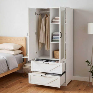English Elm 2 Door White Wardrobe Closet with Mirror Hanging Rod Drawers and Auto Interior Light W409P167477