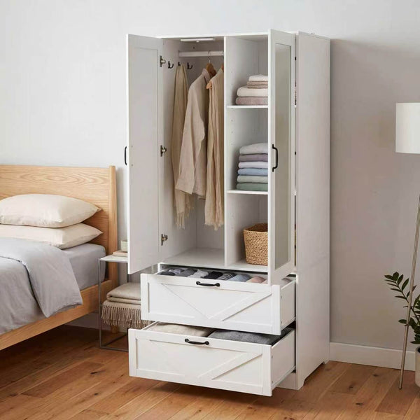 English Elm 2 Door White Wardrobe Closet with Mirror Hanging Rod Drawers and Auto Interior Light W409P167477