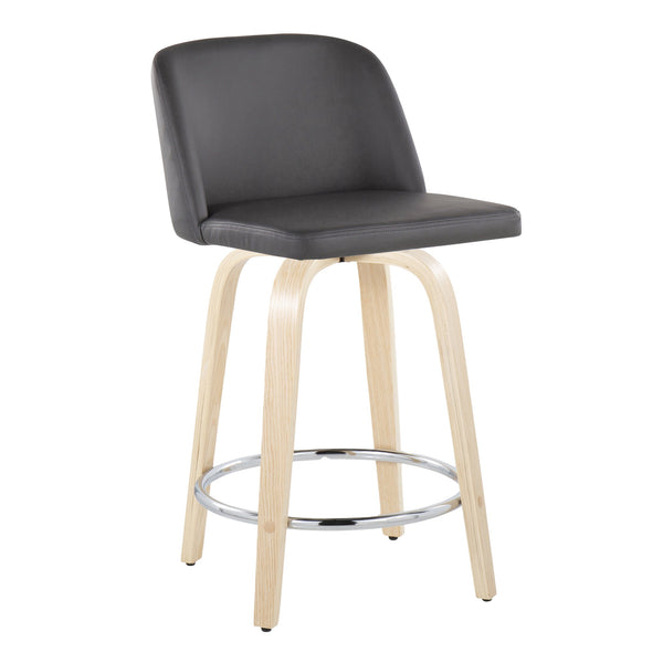 English Elm Fixed-height Swivel Counterstools Natural Wood Grey Faux Leather Chrome Footrest Pair B202S01768