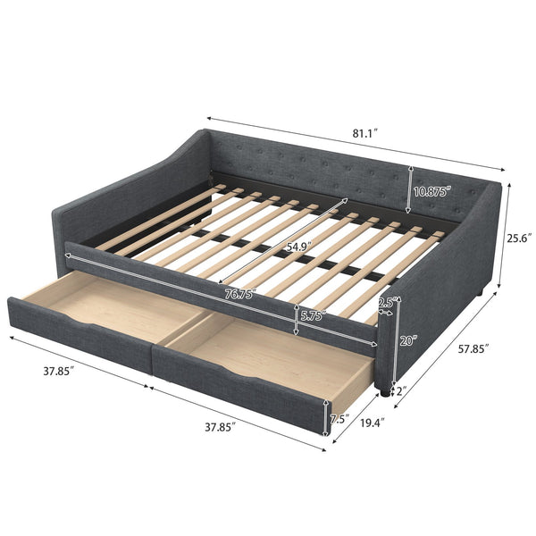 English Elm Full Size Daybed With Drawers - Stylish Upholstered Sofa Bed With Tufted Design & Waved Arms In Dark Grey W2336S00040