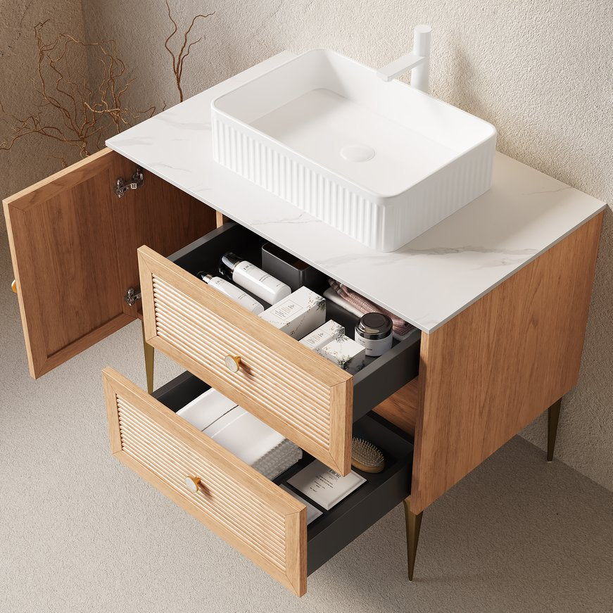 English Elm Dina Floating Bathroom Vanity Sintered Stone Top Glass Basin Striped Plywood Cabinet W2615S00208