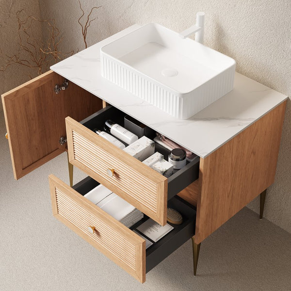 English Elm Dina Floating Bathroom Vanity Sintered Stone Top Glass Basin Striped Plywood Cabinet W2615S00208