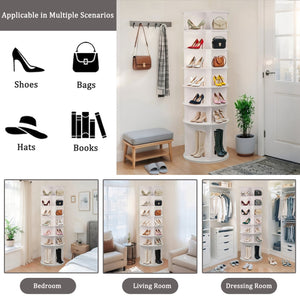 English Elm 7 Tier Rotating Shoe Rack Tower with Boot Slot, 360° Spinning Organizer Holds 28 Pairs, White W3204P300607