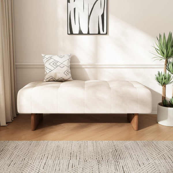 English Elm Christopher Knight Home® - Rectangular Tufted Linen Ottoman Bench With Solid Wood Legs - Versatile Beige Footstool & Seating N757P296695I