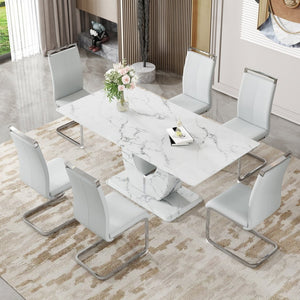 English Elm Table Modern Marble Dining Set - 71"X35.4" Tempered Glass With 6 Light Gray Pu Chairs & Silver Legs W1151S02120-GIGA