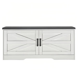 English Elm 2-Tier Farmhouse Storage Bench with Padded Seat, 2 Barn Doors & Adjustable Shelves for Entryway W3204P317308