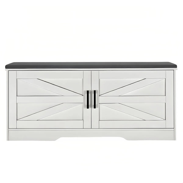 English Elm 2-Tier Farmhouse Storage Bench with Padded Seat, 2 Barn Doors & Adjustable Shelves for Entryway W3204P317308