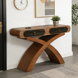 English Elm Ashwood Veneered Console Table with X Frame Legs and Two Drawers for Entryway Halls W3040P455736