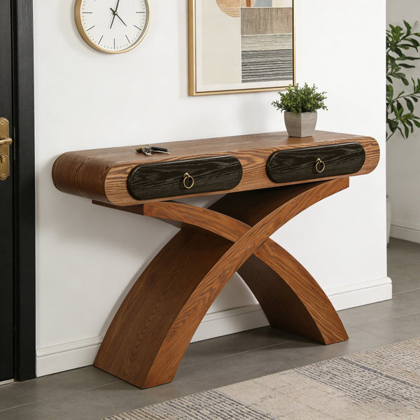 English Elm Ashwood Veneered Console Table with X Frame Legs and Two Drawers for Entryway Halls W3040P455736