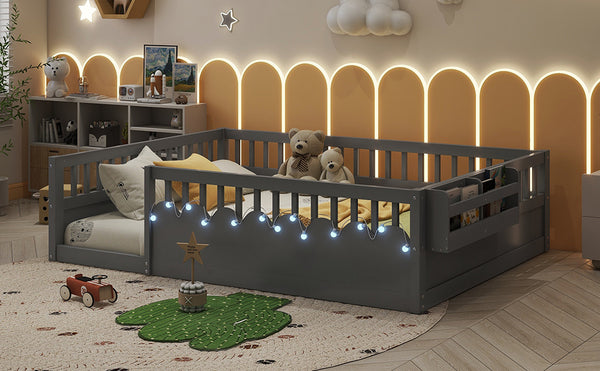 English Elm Full Montessori floor bed offering high rails, built-in light and shelf for safe independent sleep and storage Grey 79.13 L x 13 W x 6.3 H W2593P333796