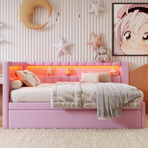 English Elm Upholstered Full Platform Bed with Trundle, Built-In USB Ports & LED Accent, Linen Upholstery Pink DL001925AAH