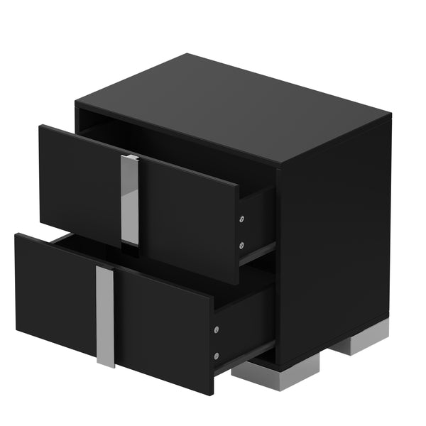 English Elm Modern Two Drawer Nightstand with Slim Metal Legs and Mirrored Bar Handles for Bedroom Black W5271P416540