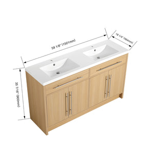 English Elm 60" Freestanding Bathroom Vanity with Dual Resin Sinks, Spacious Soft-Close Cabinet Storage, Durable Finish Oak W1972S00026