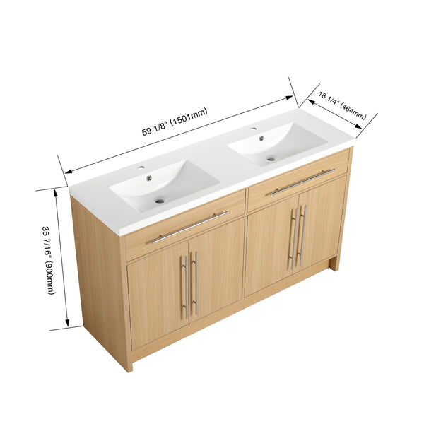 English Elm 60" Freestanding Bathroom Vanity with Dual Resin Sinks, Spacious Soft-Close Cabinet Storage, Durable Finish Oak W1972S00026