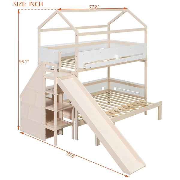 English Elm House-shaped Pine Bunk Bed with Built-in Slide Storage Staircase Twin Over Full Kids Frame Beige+White N820S00082A