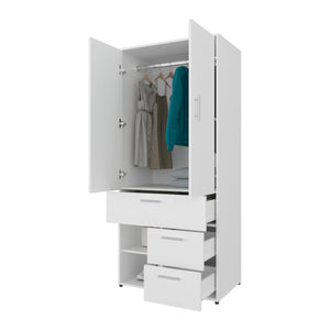 English Elm Care Free Multi-Storage Wardrobe with Rod, Drawers & Open Shelves — Compact White Bedroom Organizer B128S00178