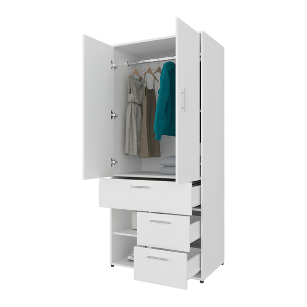 English Elm Care Free Multi-Storage Wardrobe with Rod, Drawers & Open Shelves — Compact White Bedroom Organizer B128S00178