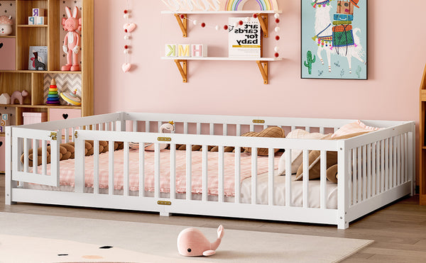 English Elm Queen Kids Floor Bed with Safety Guardrails and Door for Independent Sleep, Pine Frame, 82.7"x62.6" White W1580P338953