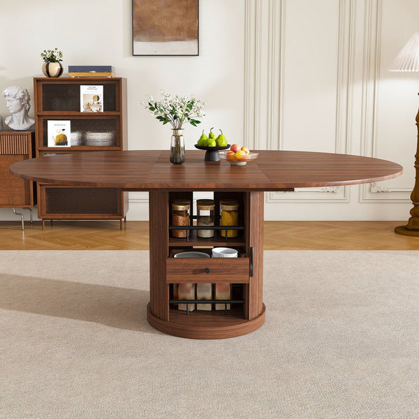 English Elm 47 Inch Extendable Round Dining Table Walnut Finish Seats 8 with Wire Grid Shelf W2700P385519