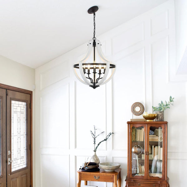 English Elm 5-Light Farmhouse Chandelier Vintage Geometric Wooden Frame Metal Fixture for Dining Room Foyer White W2738P242329
