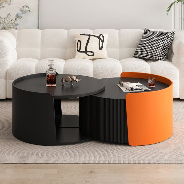 English Elm Nesting Modern Round Coffee Table Set with Sliding Extendable Top, Space-Saving MDF Design, 66lb Capacity Black W757P186977