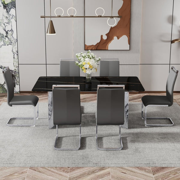 English Elm Table & 6 Dark Gray Pu Chairs Set - Modern Glass Top With Marble Pattern & Stainless Steel Legs W1151S02610-GIGA