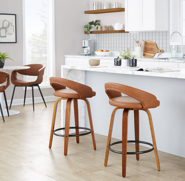 English Elm Fixed-height Swivel Counterstools Mahogany Wood Chrome Footrest Velvet Seat Set of 2 Camel B202S01774