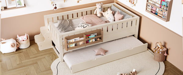 English Elm Twin Kids Platform Bed with Trundle Staircase Bookshelf and Rounded Safety Rails Beige W1580S00556