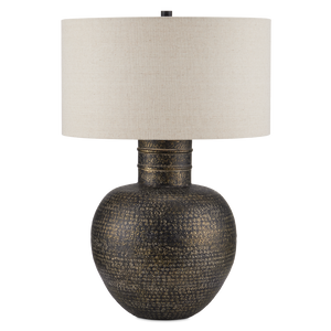 Braille Table Lamp - Rustic Antique Brass Finish, Handcrafted Aluminum Design with Natural Linen Shade