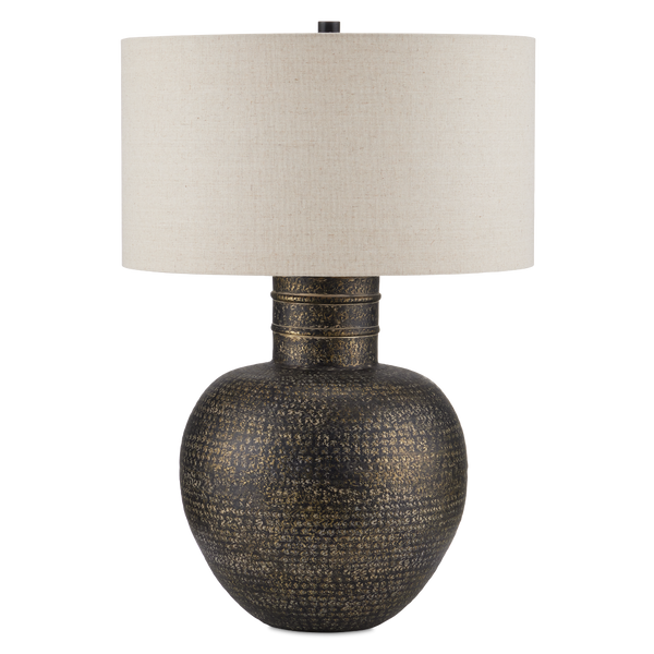 Braille Table Lamp - Rustic Antique Brass Finish, Handcrafted Aluminum Design with Natural Linen Shade