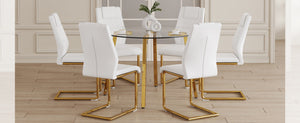 English Elm Table Modern Minimalist Round Glass Dining Set With White Pu Chairs & Gold Metal Legs For Style W1151S01715-GIGA
