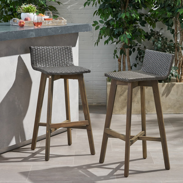 English Elm Christopher Knight Home® - LA La Brea Acacia Wood & Wicker Barstool Set of 2 — Outdoor Faux Rattan Seats with Iron X-Stretcher Frame Grey 65431.00GRY