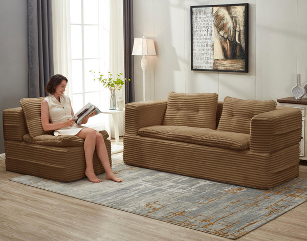 English Elm Multi Functional Sectional Sofa Bed Plush Corduroy Convertible 80" King Sleeper with Chaise, Deep Fluff Camel W3219P339468
