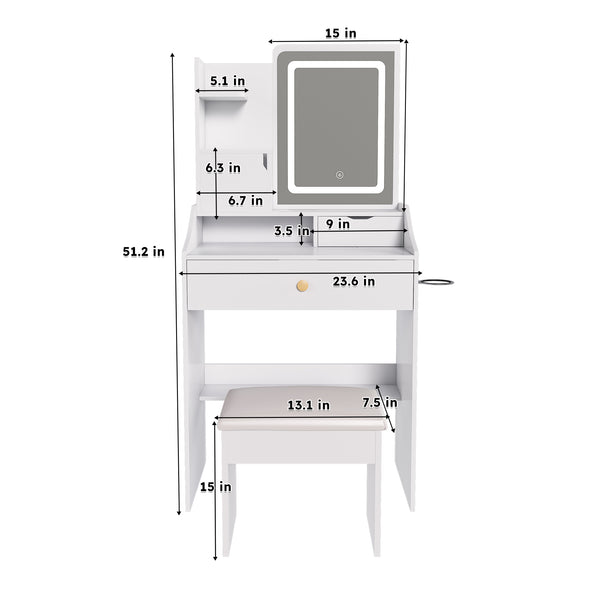 English Elm 3-color Led Vanity Table with Stool Drawers and Built-in Power Hub for Bedroom White W2700P457870