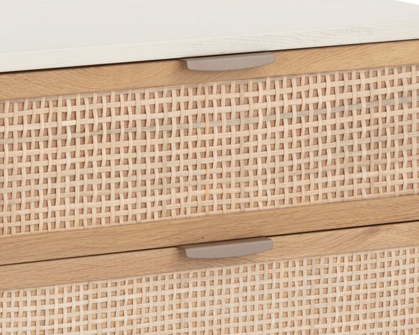 Sunpan Avida Artisan Nightstand with Handwoven Rattan Drawers and Solid Oak Frame for Global Style Champagne Gold & Cream/Natural