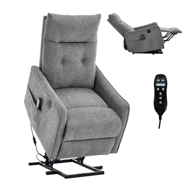 English Elm Beige Chenille Power Lift Recliner with Massage Heat and Usb for Senior Comfort Light Gray W1803P369078
