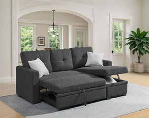 English Elm 76.5" Convertible Sectional Sleeper Sofa with Chaise and Hidden Storage Compartment Dark Gray B355S00013