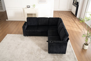 English Elm Sectional Corduroy Sleeper Sofa with Storage and Charging Ports for Small Spaces Black W1361S00078