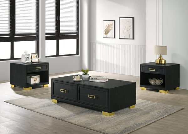 English Elm 3pc Rustic Contemporary Cocktail Set with Rectangular Coffee Table and Two Square End Tables, Durable Style Black,Gold 51 L x 27 W x 18 H B011S01452