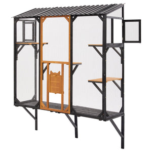 English Elm Outdoor Fir Wood Window Catio Enclosure with Four Climbing Platforms for Cats Black,Brown N719P418371D