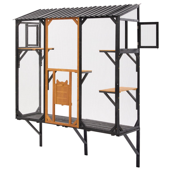 English Elm Outdoor Fir Wood Window Catio Enclosure with Four Climbing Platforms for Cats Black,Brown N719P418371D
