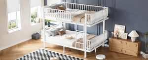 English Elm Queen Over Metal Bunk Bed Convertible Platform Frame with Safety Guardrails Light White W5305S00064