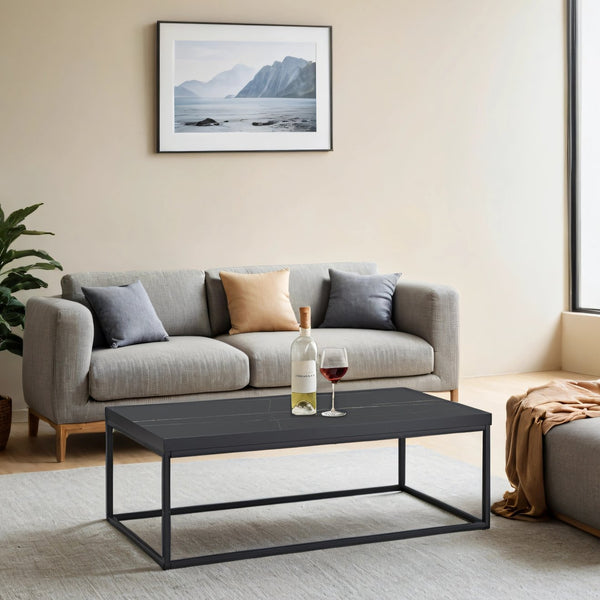 English Elm 47" Faux Stone Slab Coffee Table with Powder-coated Steel Frame for Modern Loft Living Black Marble-Look Sintered Stone W3151P400579