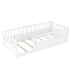 English Elm Twin Montessori Floor Bed Solid Pine Frame with Safety Fence Door for Kids Play Space White W1858P382398