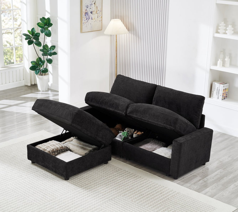 English Elm 72.05" L-shaped Sectional Sofa Cloud Cushion Polyester with Storage Ottoman Small Space Black W1669S00053