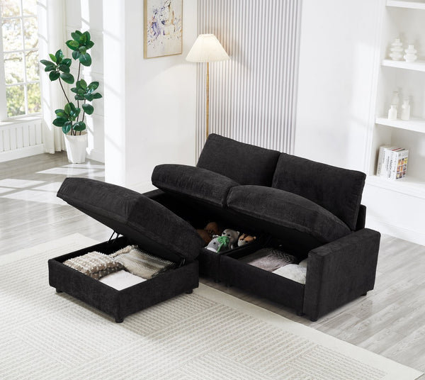 English Elm 72.05" L-shaped Sectional Sofa Cloud Cushion Polyester with Storage Ottoman Small Space Black W1669S00053