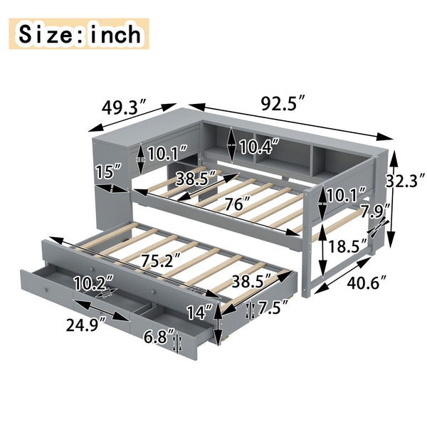English Elm Twin Size Daybed With Trundle And Desk, Stylish Wood Frame With Storage Drawers And Shelves, Gray W1580S00204-GIGA
