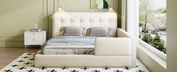 English Elm Queen PU Leather Upholstered Platform Bed with Built-In Dual Reading Lights and Sturdy 600lb Capacity White SF000186AAK